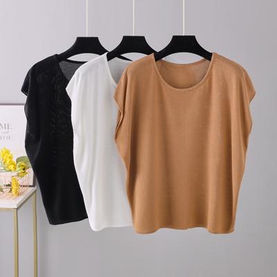 Moda de Verão Manga Morcego Camiseta Feminina Tricotada Solta Senhora Manga Curta Top
