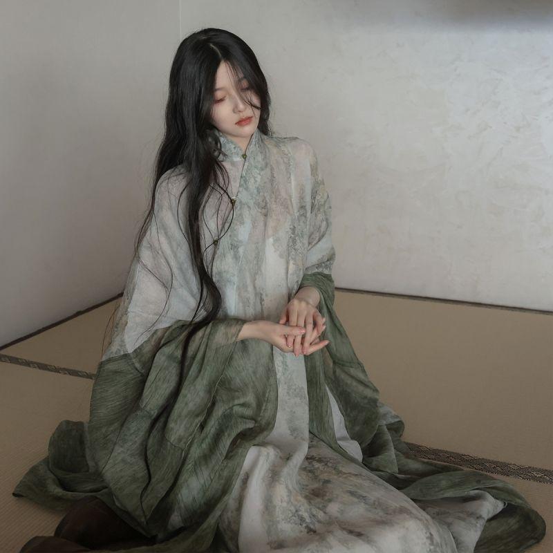 Lose und elegante grüne künstlerische Robe im chinesischen Stil, verbessertes Hanfu