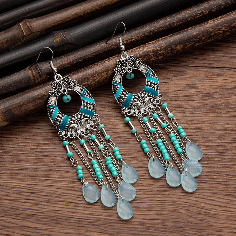 Bohemian Cross-Border Handmade Water Drop Rice Bead Tassel Earrings for Travel Photography