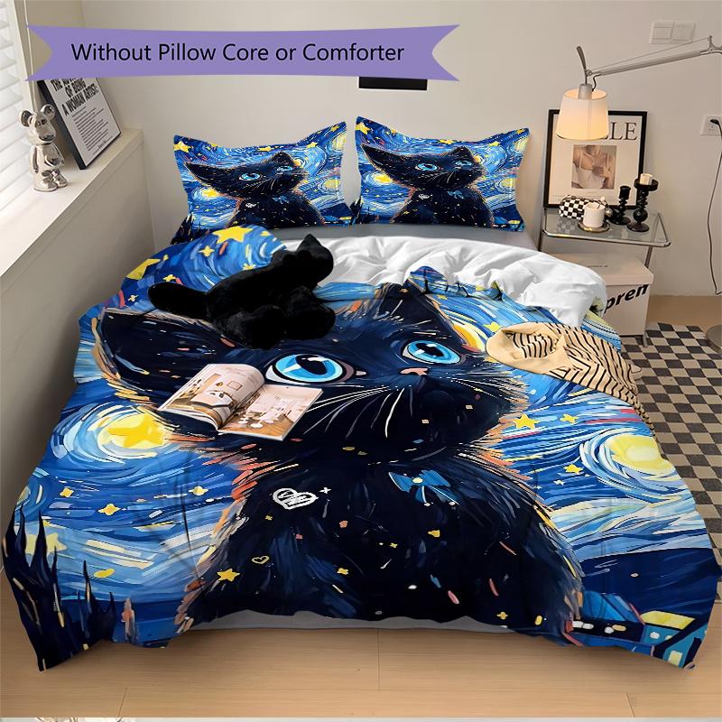 3pcs Starry Night Kitten Printed Quilt Set - Soft and Comfortable Quilt Cover for Bedroom, Guest Room and Dormitory Decorative Bedding Set 1