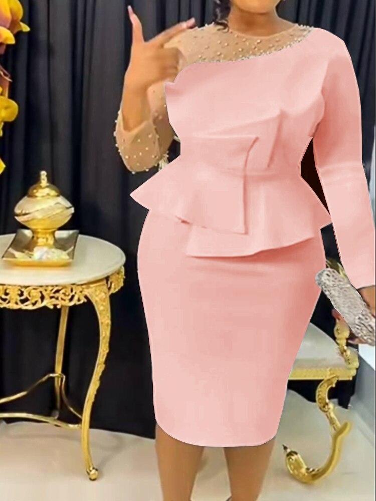 AOMEI White Bodycon Dresses O Neck Beading Long Sleeve Peplum Knee Length Evening Cocktail Party Gowns for Ladies