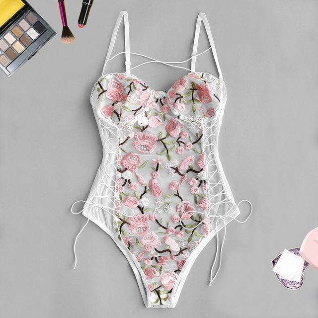 Embroidered Women 'S Lace One -Piece Bodysuit Underwear with Spaghetti Strap Open Back Sexy Girl Bra Set Temptation Onesie