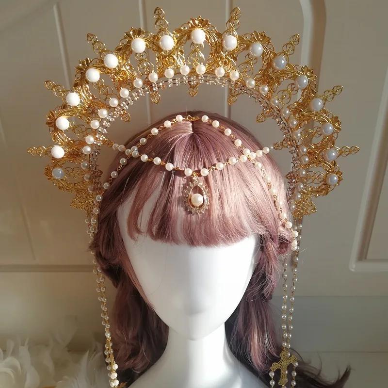 Halo Headpiece Goddess Mary Angels Gold Crown Beading Headband Lolita Hair Hoop Gorgeous Christmas Halloween Wedding Headdress