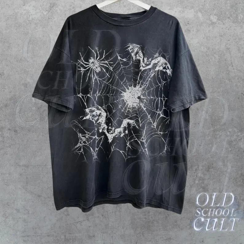 

Spider Web Bat Vintage Y2k TShirt Retro Horror 90s Style Bat TShirt Gift Unisex T-Shirt XXXL