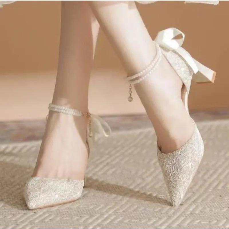 New Summer Luxury Women Pearl High Heels Chunky Heel Princess Bow High Heel Sandals Party Wedding Shoes Plus Size Zapatos Mujer
