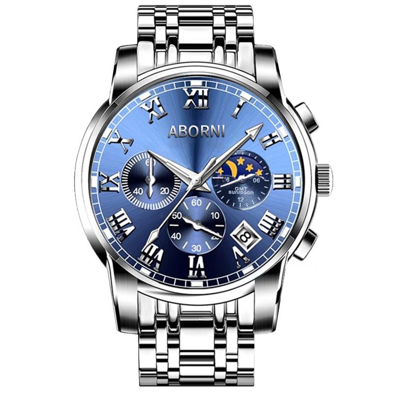 Original Stainless Steel mens watch Silver Blue Luxury Luminous Quartz Watches for Man Waterproof Wristwatch Reloj Hombre Clock