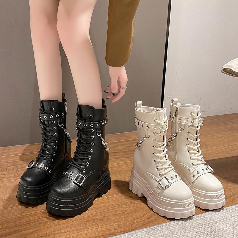 Autumn Thick Heel Ankle Boots Women 11.5CM Chunky Sneakers High Heels Winter Platform Leather Shoes Woman Metal Chain Punk Boots
