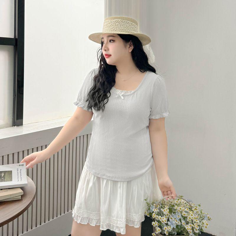

Plus size women clothing [Sweet Cool Fake Two-Piece Shirt] Summer Chubby Girl Bow Patchwork Jacquard Slimming Short sleeve T-shirt