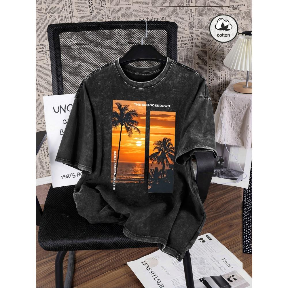 Beautiful Coconut Tree Beach Scenery Print Women Washed T Shirt Cotton T-Shirts Vintage Loose Short Sleeves Sportswear