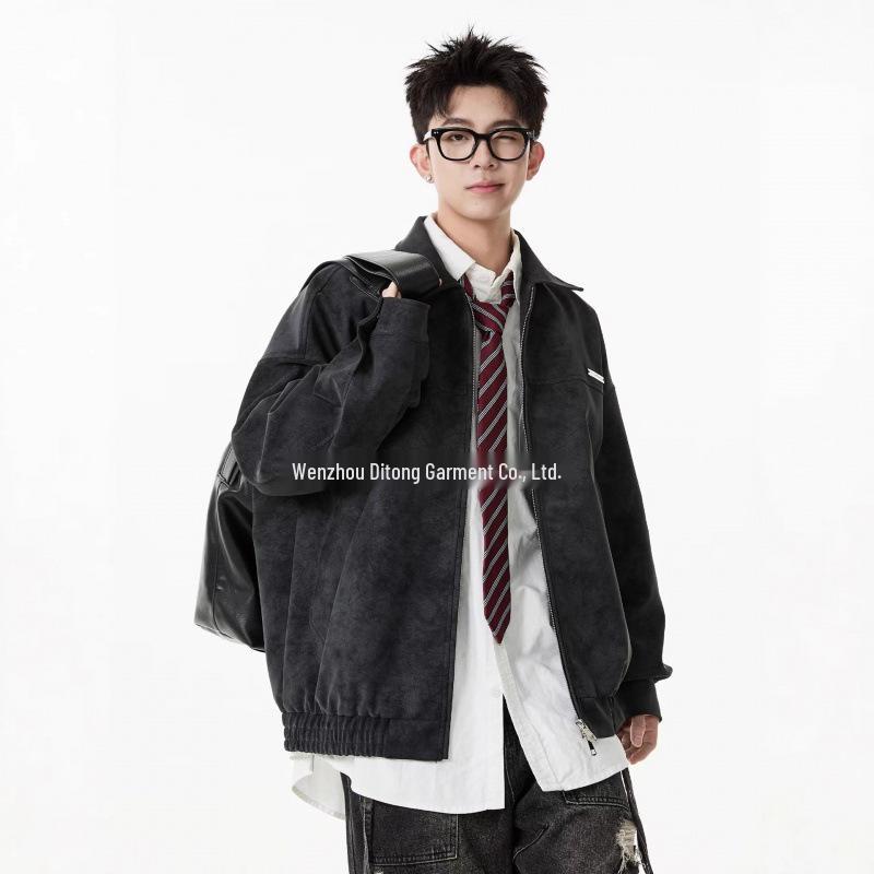 Men s Retro Lapel Leather Jacket - Trendy Spring/Fall Casual Workwear XL чёрный