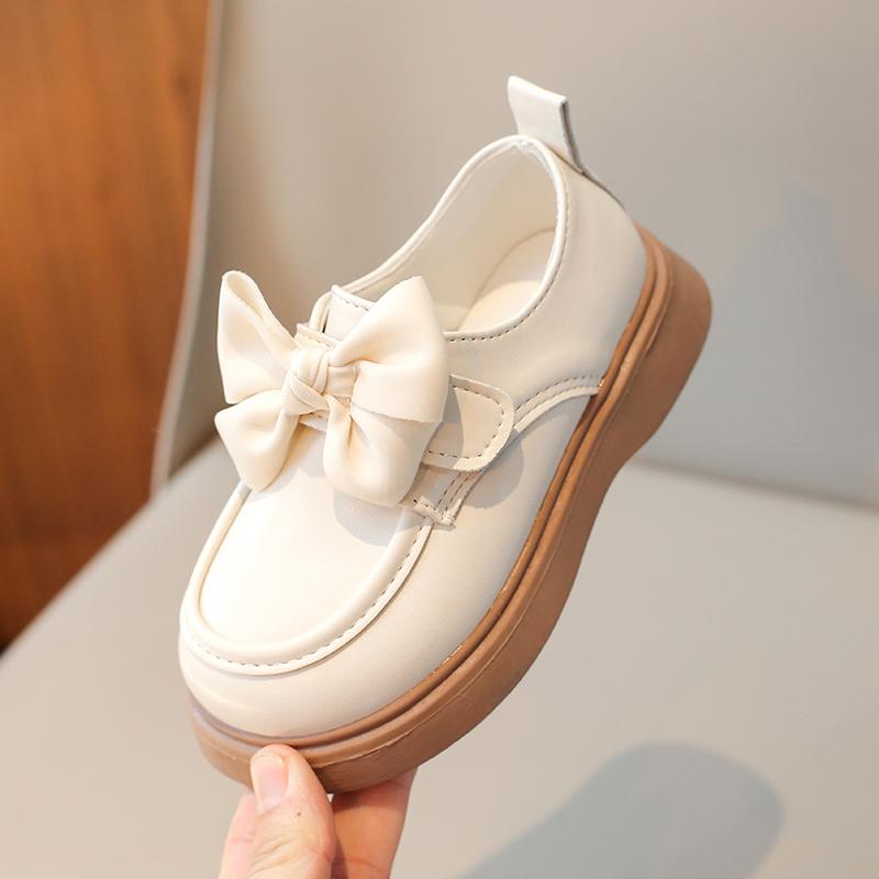 Girls Fashion Leather Shoes 2-18 Years Old Brown Bow Girls Walking Shoes Beige Hundred with Non-slip Children Baby Single Shoes