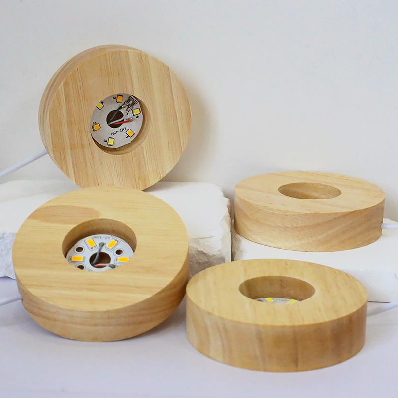 Round LED Night Light with Luminous Crystal Ball and Wooden Base for Bedroom