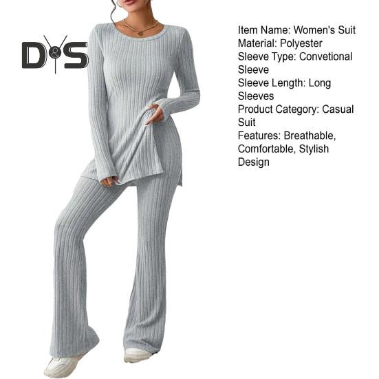 Women Two Pieces Suit Winter Autumn Knitted Long Sleeve Ribbed Slit Top High Waist Flared Trousers Set Fashion Outfit