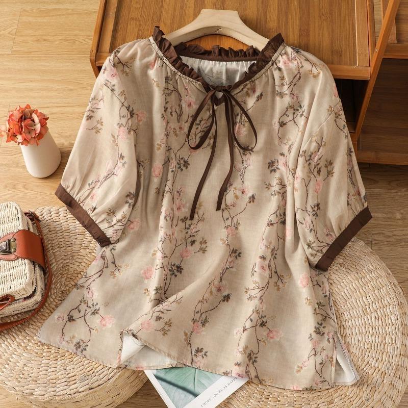 Literary Retro Fungus Collar Lace-up Printed Shirt Fashionable Round Neck Short-sleeved Pullover Comfortable Pullover Top