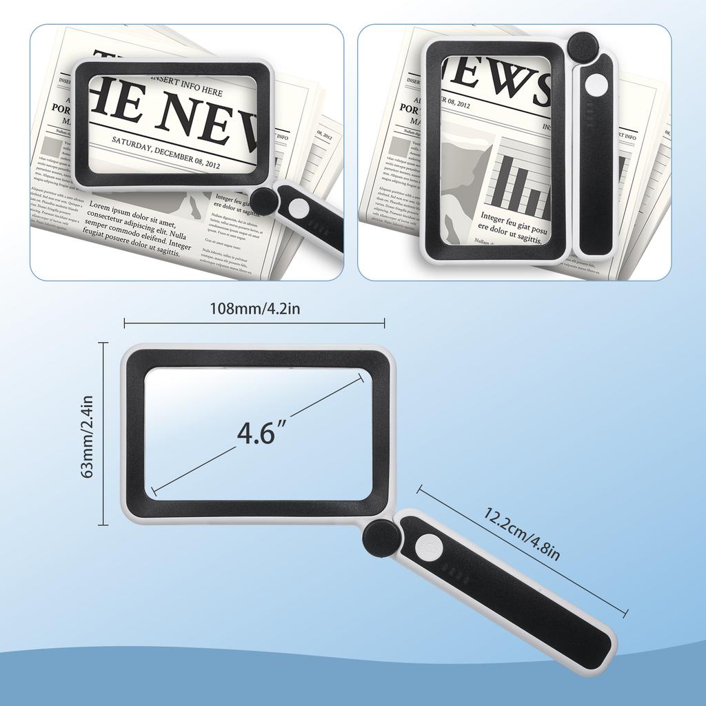 Handheld Magnifier 4X Magnifying Glass for Reading Full Book Page Newspaper Rectangular Magnifying Glass with Bright LED Lights 3   Brightnes