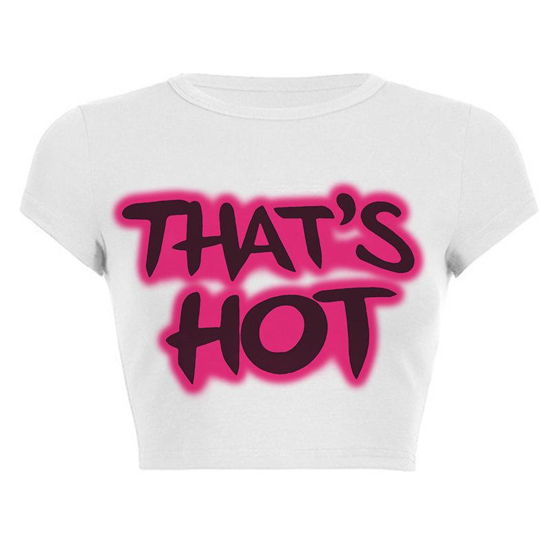 European, American English slogans Printed sexy exposed navel short T-shirt fashionable round neck slim slim top women's multi-picture