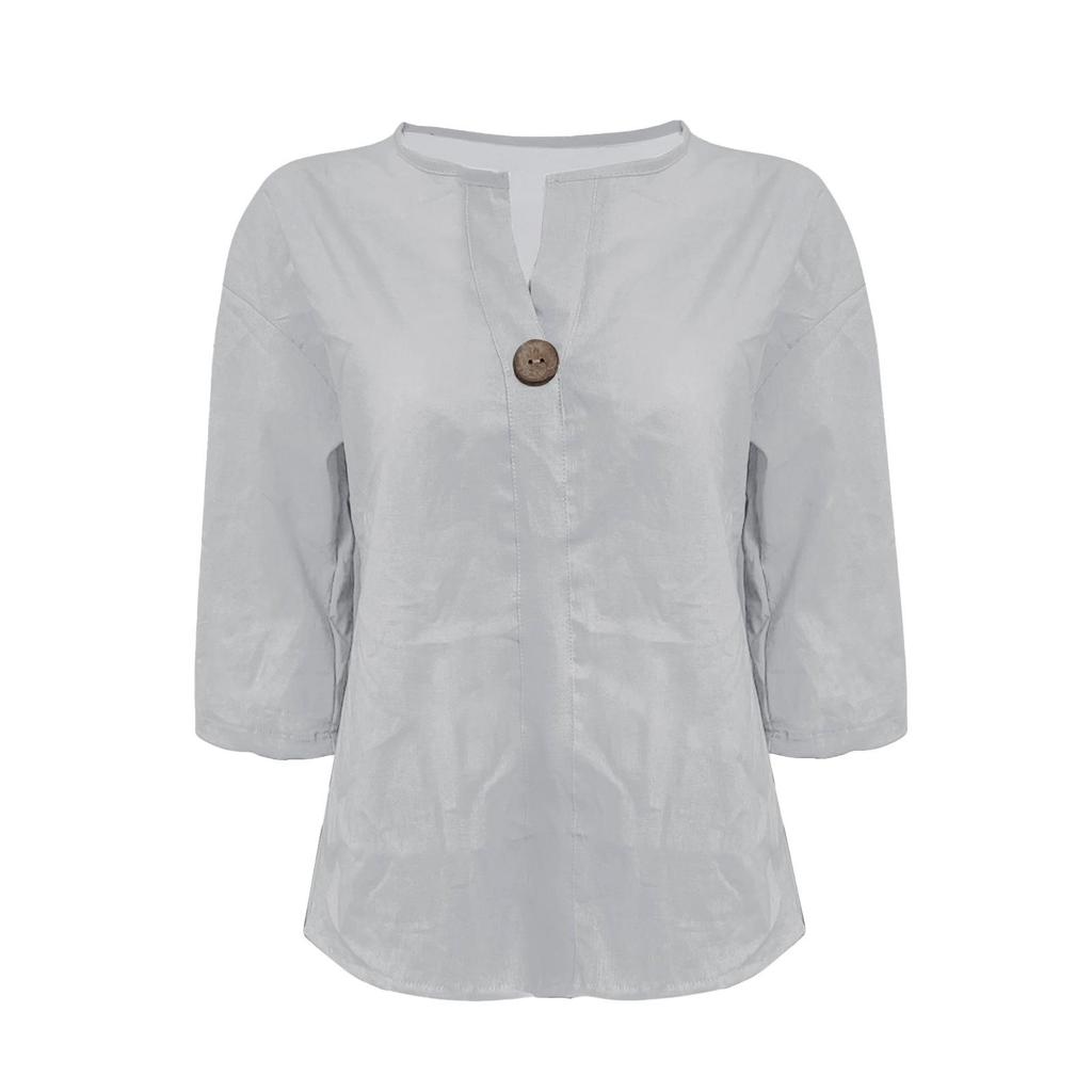 Été Nouveau T-shirt Ample Femme Col V Coton Chanvre Bouton Haut