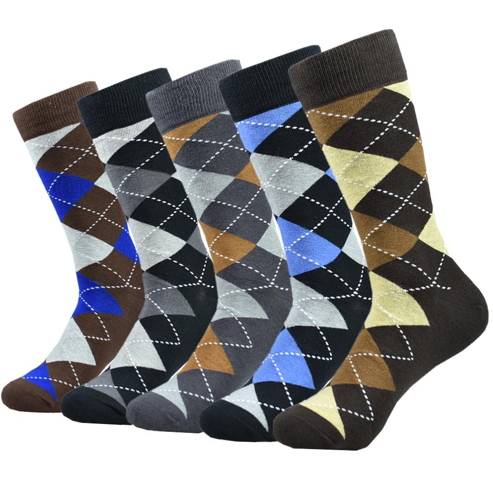 5pairs Mens Cotton Dress Black Argyle Pattern Crew Funny Socks for Men Gifts