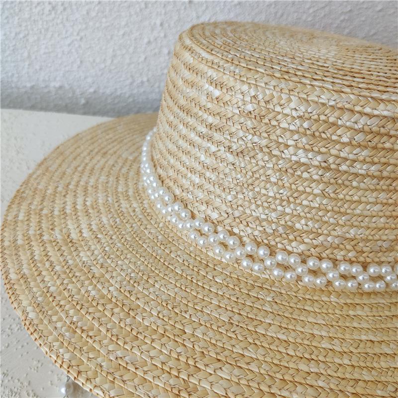 French pearl neck chain flat top straw straw hat sun hat women's summer versatile temperament socialite seaside hat