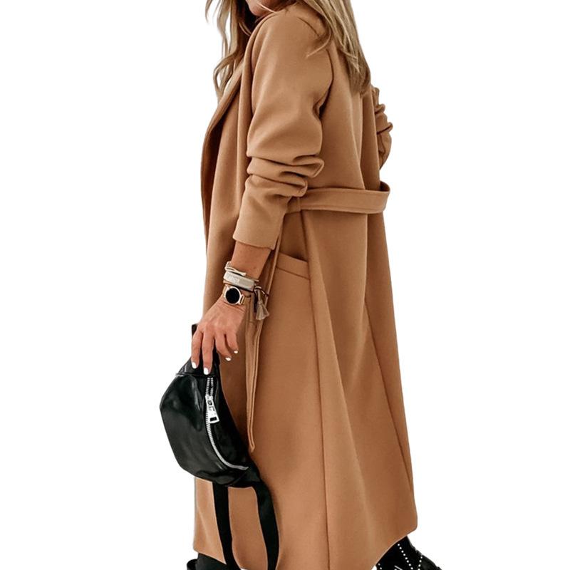 Manteau Classique pour Femme Col à Revers Ouverture Devant Ceinture Longue Veste Trench-Coat Long Élégant – Manteau Long à Revers Ceinturé