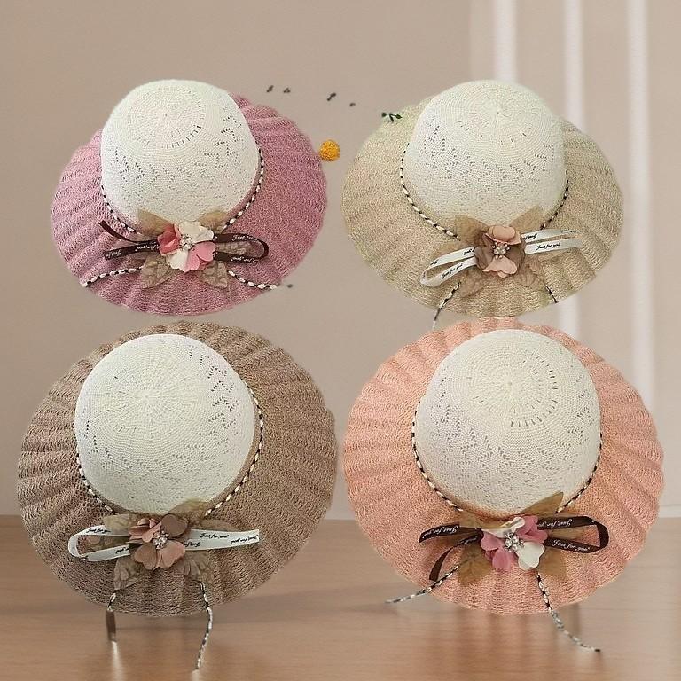 Straw Hat Women Summer Sunshade Wide Brim With Flower Pattern For Beach Vacation