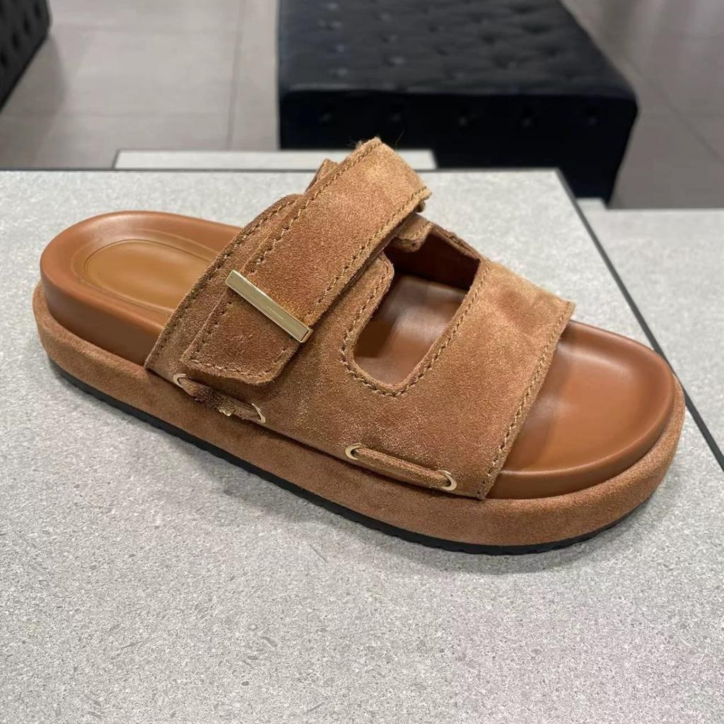 Genuine Leather Korean Version of Birkenstock One-word Slippers for Women To Wear 2025 New Summer Thick-bottomed Open-toed Casual Beach Sandals