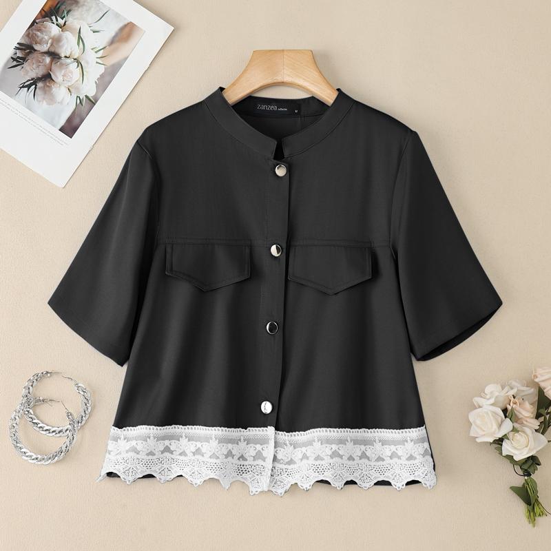 ZANZEA Women Casual Round Neck Summer Short Sleeve Lace Patchwork Blouse