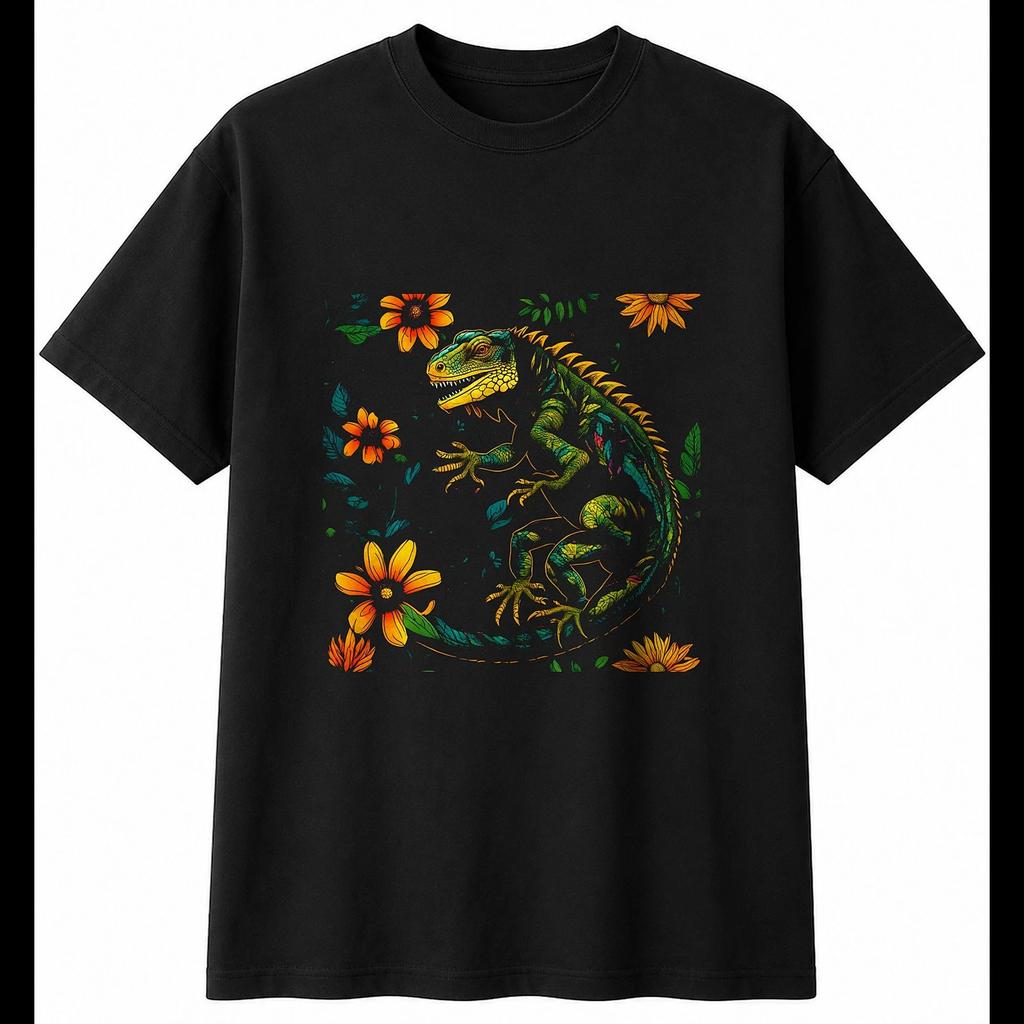 Iguana Botanical Reptile Mens T-Shirt Black 100% Cotton Snake Printed