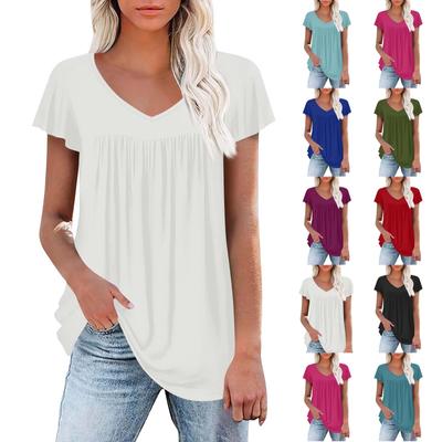 Women's Tunic Tops Elegant Casual Summer Short Sleeve Shirts Floral Loose Pleated Bohemian Tops