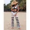 Women's Beach Patchwork Sexy Deep V Lace Up Top Micro Flared Pants Two Piece Set