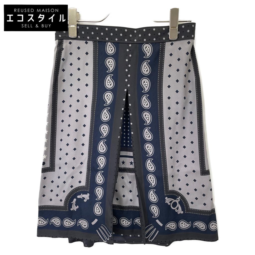 Hermes 22AW 2H0315DU Navy All-over Print Silk Skirt Skirt 34 Gray X navyUsed