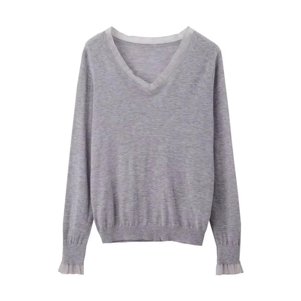 Loose V-neck Knitted Sweater Autumn Winter Solid Color Splicing Pullover Top