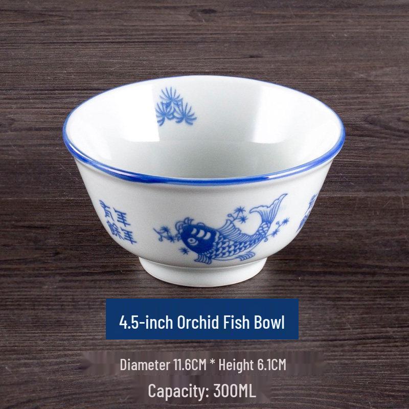 Vintage Ceramic Blue & White Bamboo Flower Bowl - Rustic Farmhouse Tableware, Ideal for Rice & Noodles
