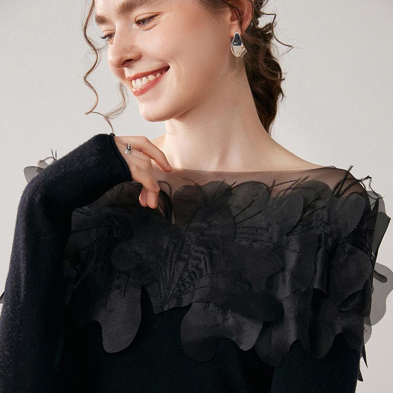 Swan Neck Cashmere Sweater with Hand-Embroidered Flowers: One-Shoulder, Sexy, and Three-Dimensional Feather Design