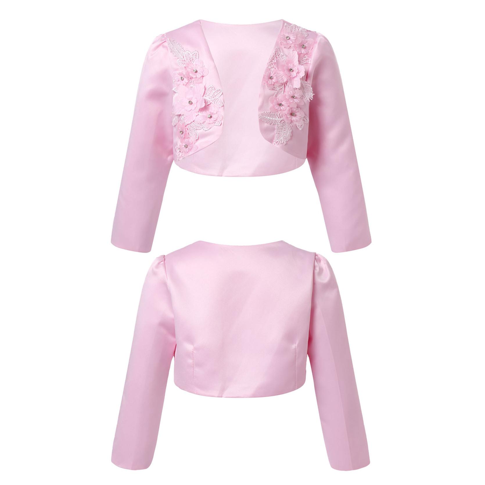 IEFiEL Kids Meisjes Lange Mouw 3D Bloem Applique Bolero Bruiloft Prinses Cover Up Bolero Vest 2-3 Years roze