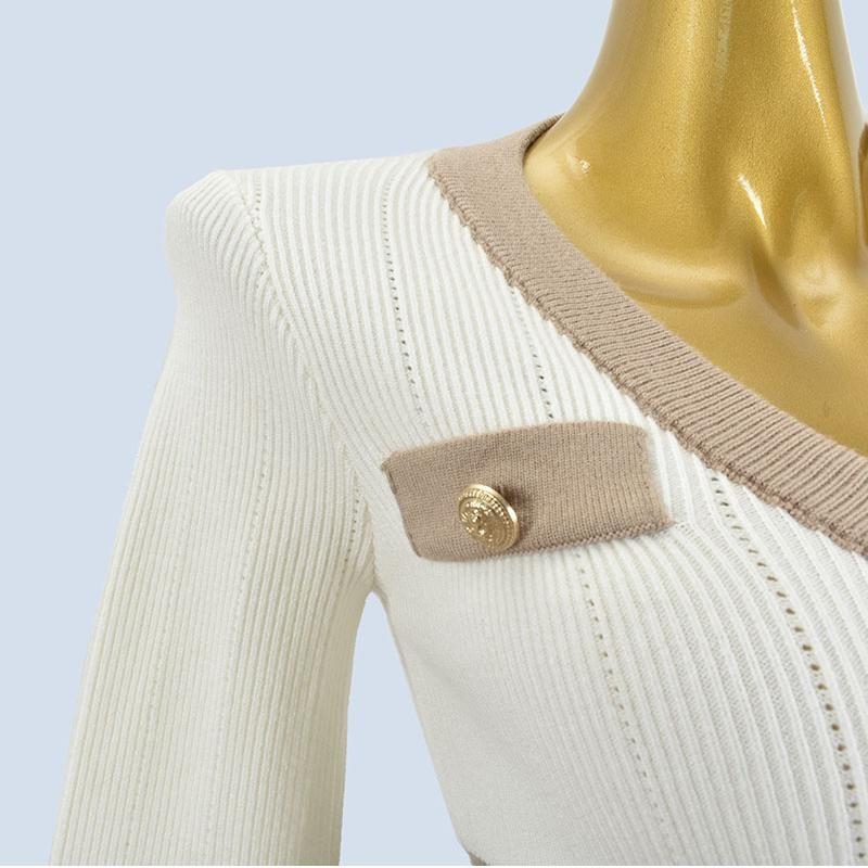 V-neck Sexy Sweater Thick Short High Waist Breasted Tight Cardigan Color Matching Classic Style Metal Buckle Outer Wear for Women