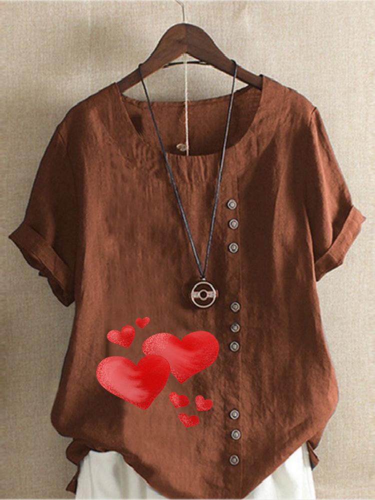 Women's Fashion Red Heart Print Round Neck Short Sleeve T-shirt Summer Casual Cotton Linen Graphic Shirt Leisure Loose Blouse Tops