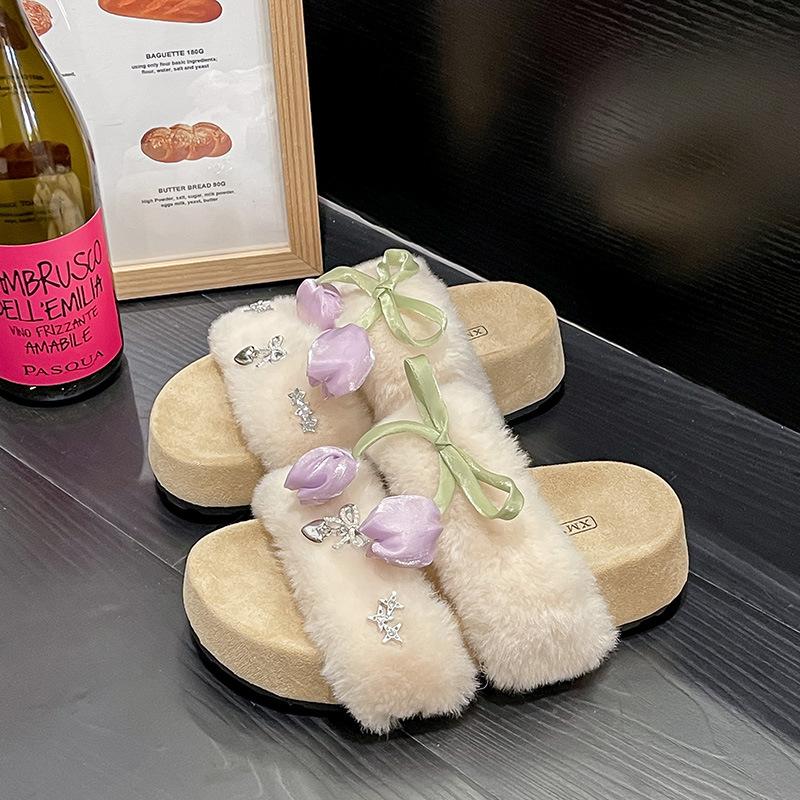 High-end Fluffy Slippers Women's Outer Wear 2025 New Autumn and Winter Home Warm Fashion One-word Cotton Slippers