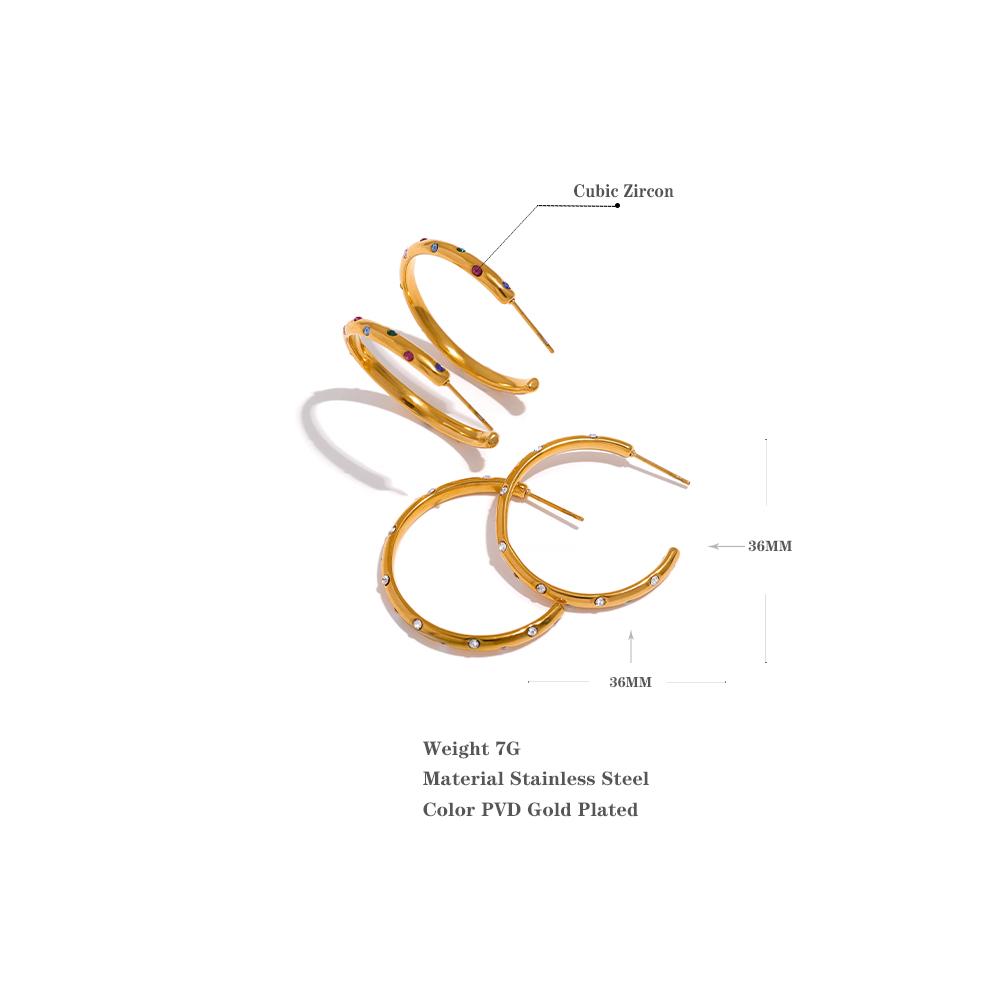 Yhpup Stainless Steel Round Circle Big Hoop Earrings Delicate Cubic Zirconia Fashion PVD-18k-Plated Geometric Golden Earrings