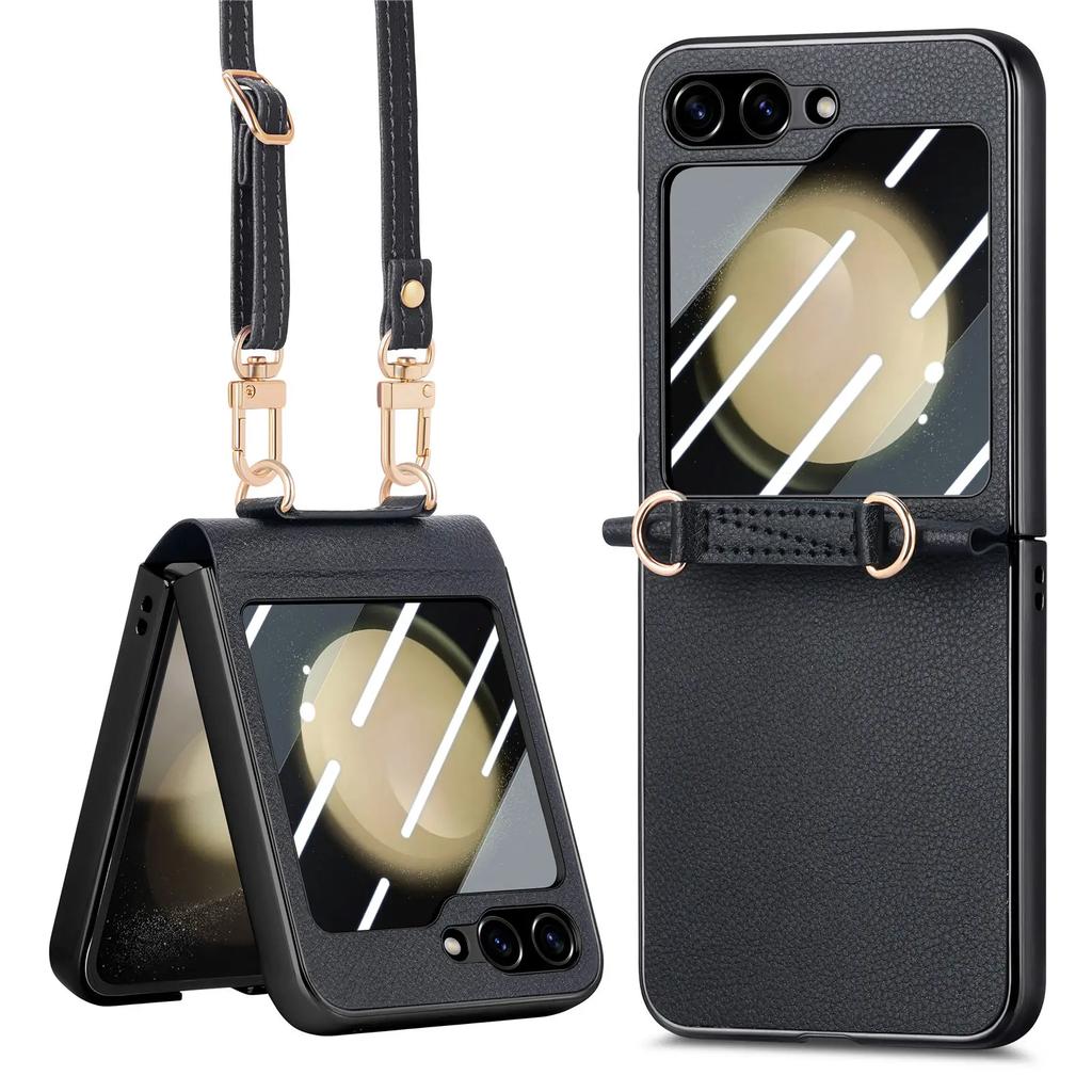 Crossbody Lanyard Electroplating PU Leather Phone Case for Samsung Galaxy Z Flip 5 Flip5 5G Hard Shell Shockproof Cover
