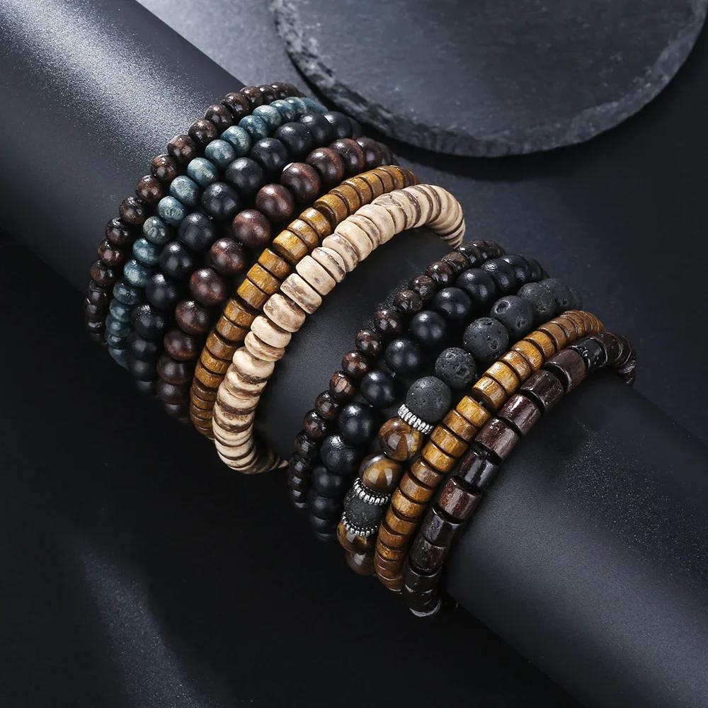 Best-selling Multi-layer Buddha Wood Bead Bracelets Sets Men's Retro Style Multi-layer Elastic Thread Adjustable Wooden Bracelet