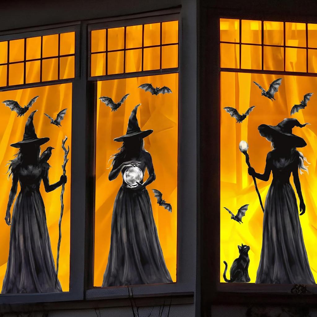 Halloween Window Decor Stickers Witch Window Clings with Witch Black Cat Bat Patterns Gothic Spooky Atmosphere for Glass Window