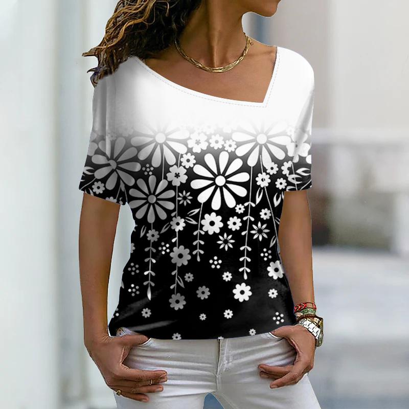 

Летняя женская футболка с цветочным рисунком и цветочным принтом, базовые топы с V-образным вырезом и 3D-принтом