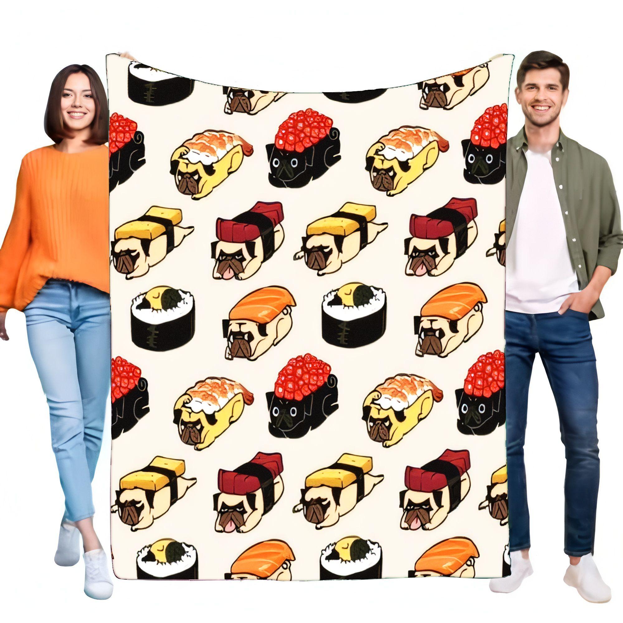 

Sushi Pug Dog Cartoon Blanket, Super Soft Flannel Fleece Throw, Warm Cozy Lightweight for Bed Sofa Couch Travel, Funny Pet Lover 75x90cm