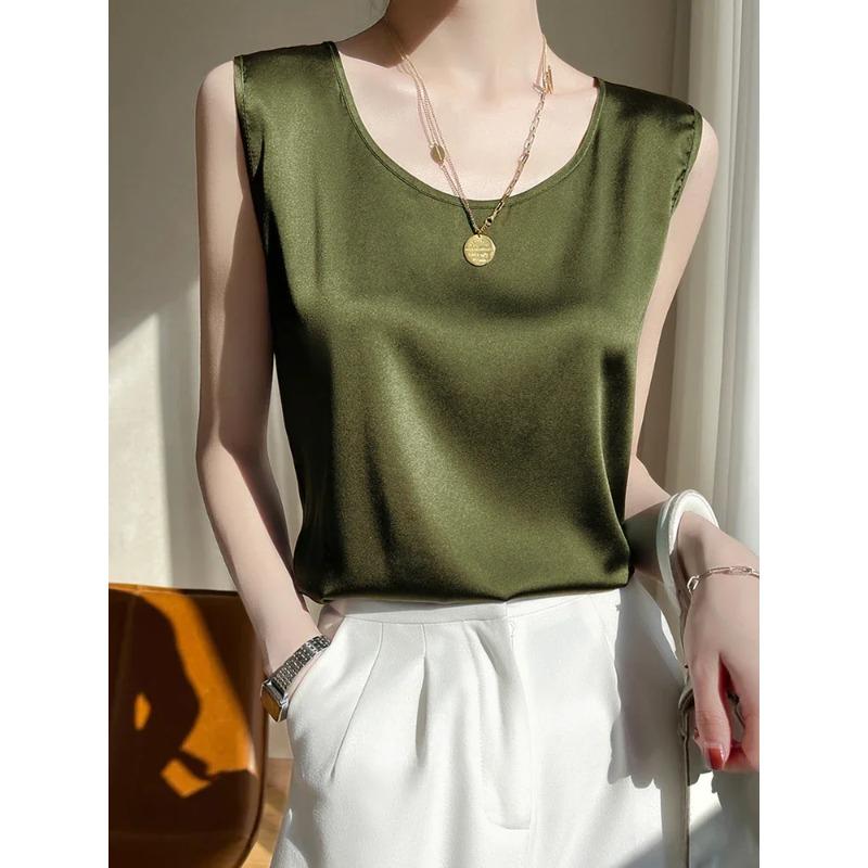 Summer Silk Camis Women's T Shirts Sleeveless Vest Satin Tank Tops Office Elegant Fashion O Neck Champagne BlouseTop Women