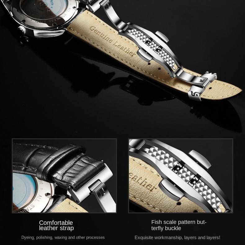 JINSHIDUN Markenuhr Automatische mechanische Uhr Doppelkalenderuhr Modetrend Herrenuhr Herrenuhr