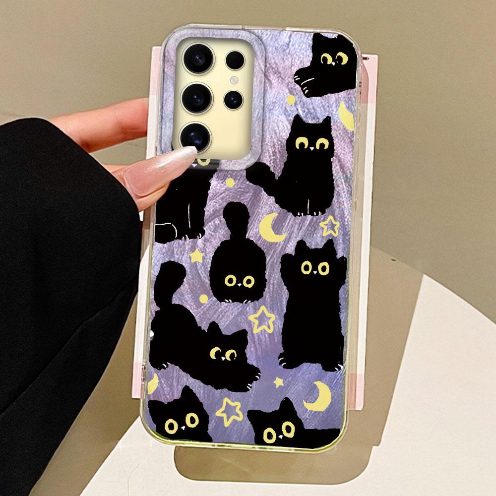 Cute Moon Black Cat Phone Case for Samsung Galaxy S25 S24 S23 S22 S21 FE Plus Ultra S25+ S24+ Back Silicone Shell Soft TPU Cover