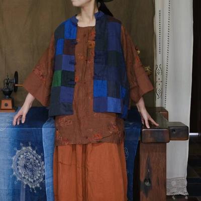 Gilet patchwork stile mendicante da donna autunnale Gilet vintage con colletto in lino sciolto stile cinese