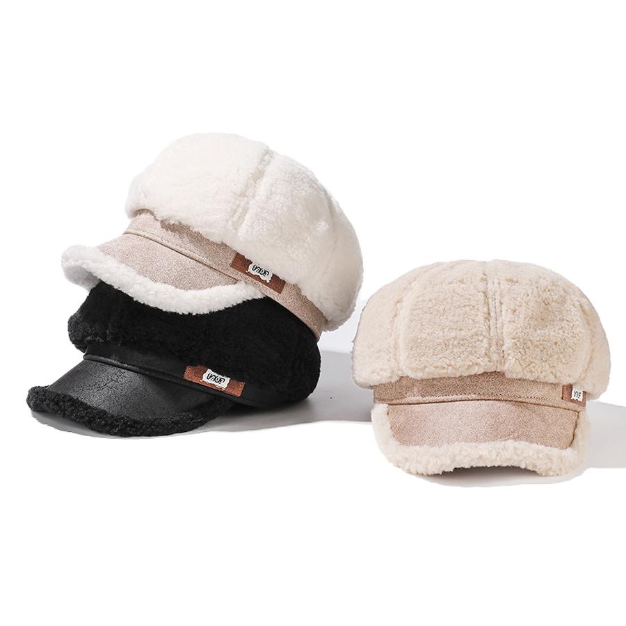 Thick Plush Stitching Octagonal Cap Women's Winter Warm Beret Ear Protection Cap