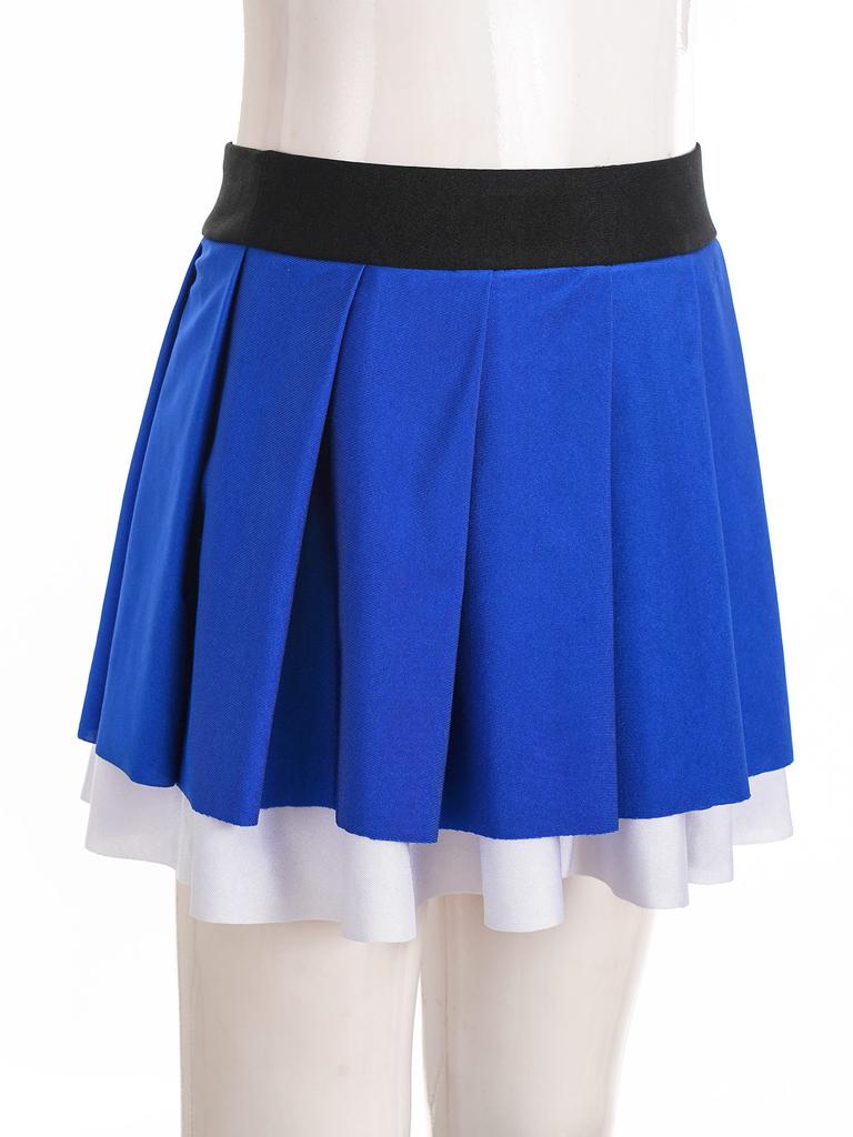 Girls Cheerleading Dance Performance Skirt: Contrast Color Elastic Waistband Two Layers Pleated Skirt for Competition